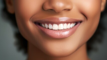 Joyful and smiling, a young woman stands in a studio against a light beige background, revealing perfect teeth.