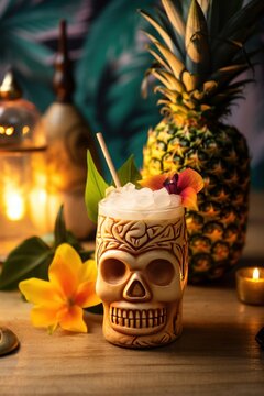 Traditional tiki mug filled with a frothy cocktail, complete with a citrus garnish, against a tropical backdrop.