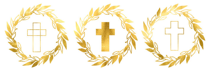 Set of floral golden religious wreaths and frames , gold crosses. Gold wreath leaf Cross golden frame, Easter holiday backgrounds, for baptism, first communion, bible phrases, 