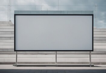 White large horizontal billboard information board with black borders signboard mock up on gray wall