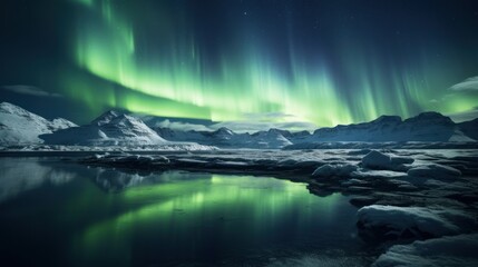  a green and purple aurora bore over a body of water with icebergs in the foreground and snow covered mountains in the background.