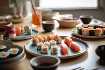 Table full of assortment different types of sushi rolls and seafood. Ready for  Asian Japanese food party.  