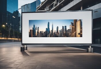 White large horizontal billboard mock up on fence wall with urban modern city background