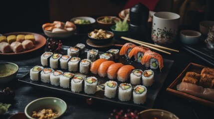 Table full of assortment different types of sushi rolls and seafood. Ready for  Asian Japanese food party.  