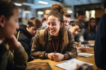 Joyful student interacting in a lively classroom environment, suitable for education and youth engagement imagery. - obrazy, fototapety, plakaty