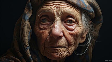 An old woman in tunic looking at viewer