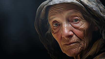 An old woman in tunic looking at viewer