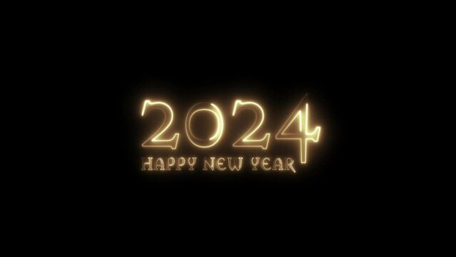 The glowing golden numbers 2024 and the text of the happy new year appears . Animation of happy new year greetings with alpha channel . 