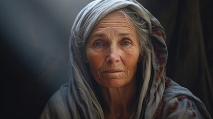 An old woman in tunic looking at viewer
