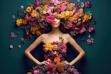 woman with flowers art. dress made of flower