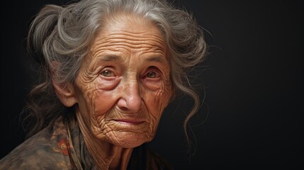 An old woman in tunic looking at viewer - obrazy, fototapety, plakaty