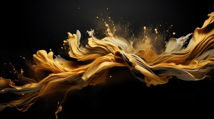 Banner with abstract background explosion of gold ink, paint in water on a black background - obrazy, fototapety, plakaty