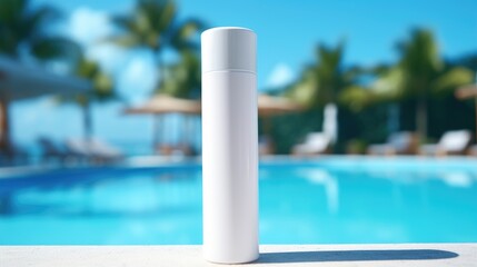 A mock-up of a tube of sunscreen stands near the pool with sun loungers