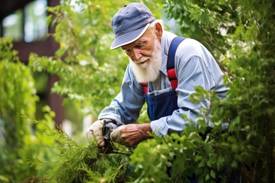 Old male gardener brings order to garden by pulling weeds spoiling picture of flowerbeds and prevent trees from growing. Old pensioner gardener in hat works in garden under sun pulling weeds