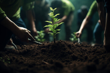 People planting forest. Volunteers hands with gloves planting saplings, small conifers trees seedling. Ecology, world environment day, volunteering, sustainable lifestyle - obrazy, fototapety, plakaty