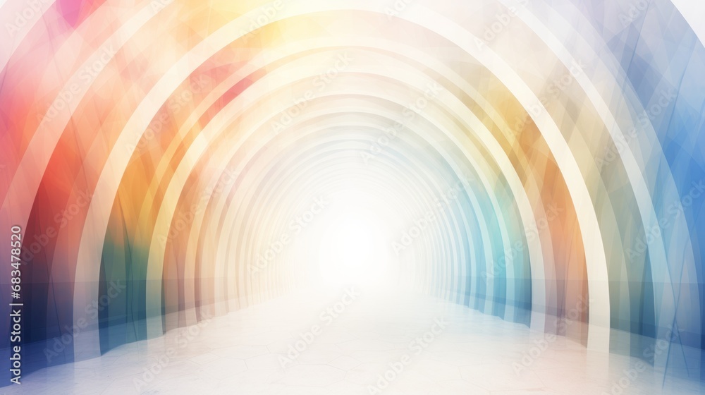 Wall mural a colorful tunnel with a white floor and a light at the end of the tunnel is surrounded by multicolo