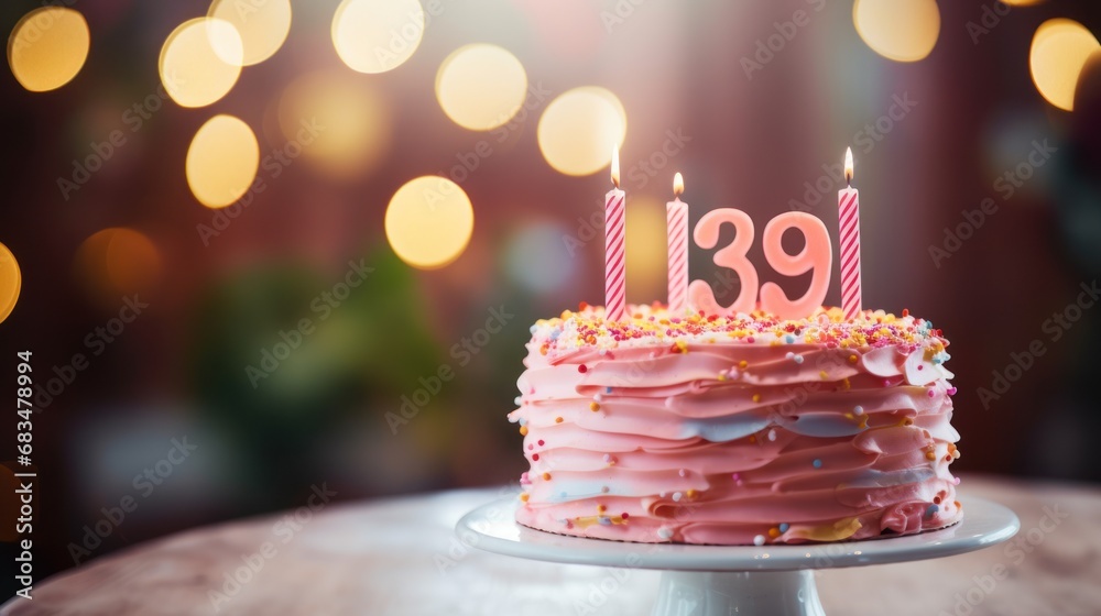 Sticker a birthday cake with pink frosting and lit candles on a table with boke lights in the back ground.