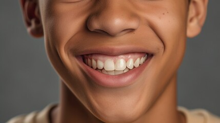 Obraz premium Joyful youth grins against a clear beige backdrop.