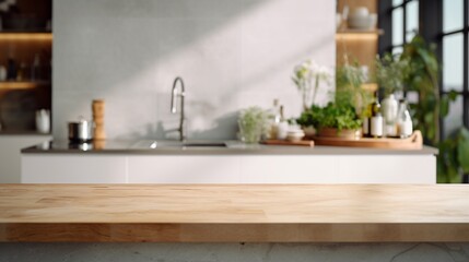 an image portraying an empty Podium that effortlessly draws attention, paired with a harmoniously blurred Kitchen background that enhances the space intended for product display
