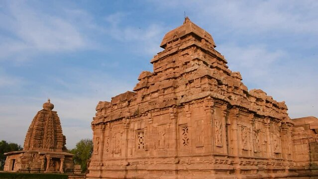 Slow motion cinematic view of ancient Indian temples (Unesco world heritage site) at Pattadakal,Karnataka,India.