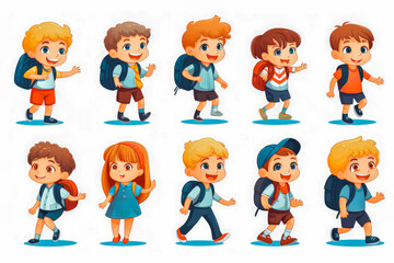 Illustration of happy children ready for primary school on white background, back to school concept, school children ready for school day