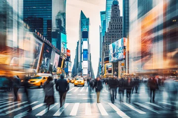 Foto op Canvas Blurred busy street scene with crowds of people walking in busy city of New York, groups of people hurrying through streets of big city © VisualProduction