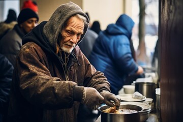 Homeless people in homeless shelter get food, housing problem