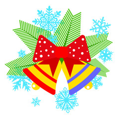 Christmas golden bells with a bow and fir branches on a white background with snowflakes. Design element for greeting cards, home decor, wrapping paper, wallpaper, banners, labels