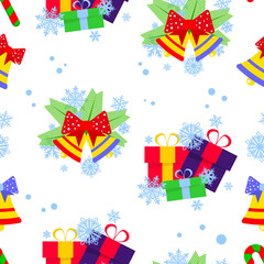 Christmas seamless pattern with traditional holiday bells and gifts on a white background. Design element for clothes, cards, textiles, fabrics, wallpapers, wrapping paper