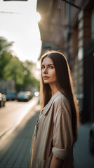 Young beautiful woman with long dark hairs wearing beige shirt standing on the summer city street