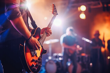 Close up of guitarist from music band playing on stage, band performing for live crowd in a pub, concept of live music and performing on stage - Powered by Adobe