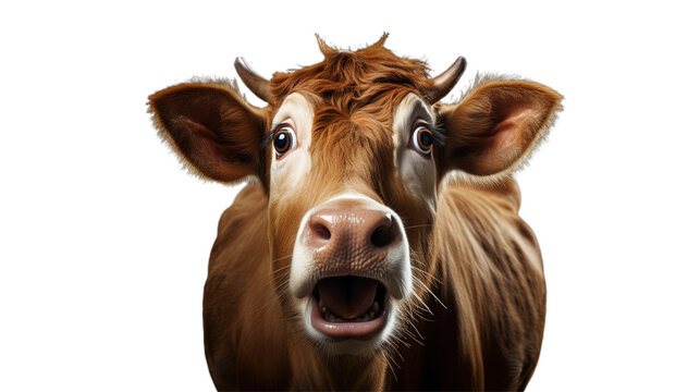 Funny Surprised Cow With Goofy Face. Isolated on Transparent background.