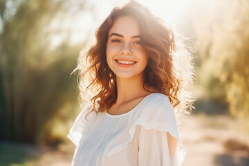 Beautiful young woman smiling and enjoying sun rays outside with natural background, gorgeous portrait of female looking happy