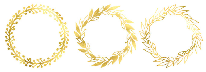Hand drawn golden linear floral wreaths. circle floral border, elegant golden illustration for wedding, birthday,  thank you card. Handwritten Lettering Thank you word, flourish elegant circle border - obrazy, fototapety, plakaty