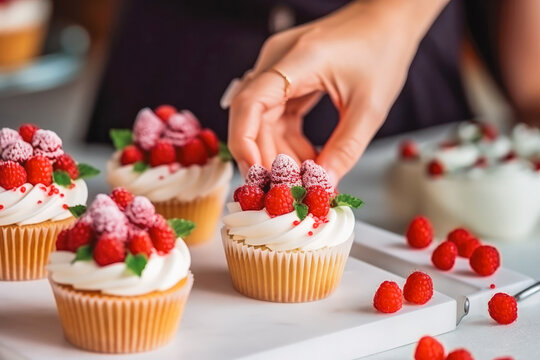 Close up of woman's hands decorating cupcakes with berries, female confectioner finishing final touch on a muffin for celebration