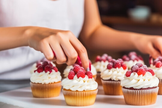 Close up of woman's hands decorating cupcakes with berries, female confectioner finishing final touch on a muffin for celebration