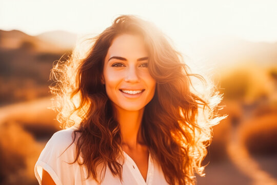 Beautiful young woman smiling and enjoying sun rays outside with natural background, gorgeous portrait of female looking happy