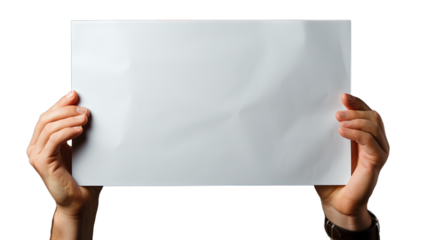 hands are holding a blank empty sheet of paper. Isolated on Transparent background.