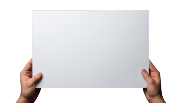 hands are holding a blank empty sheet of paper. Isolated on Transparent background.