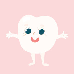  A cute little tooth with glasses and a face, handles and legs. A positive character for the day of the dentist. Care and health of children's teeth.