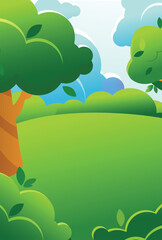 Green summer or spring landscape in cartoon style.  Forest or park meadow with trees, bushes and clouds. Vertical illustration.