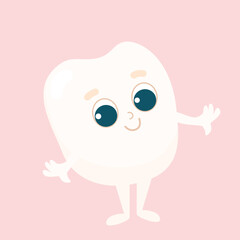  A cute little tooth with glasses and a happy smiling face. The baby has arms and legs. A positive character for the day of the dentist and children's oral care. Care and health of children's teeth.