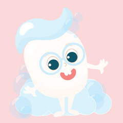 Little healthy baby tooth with toothpaste on top in soap bubbles. Tooth smiles happily and wears glasses. Character design. Care and health of children's teeth.