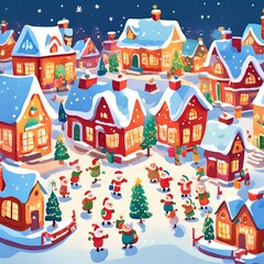 A detailed illustration of a snowy Christmas village, complete with twinkling lights and christmas trees and festive spirit