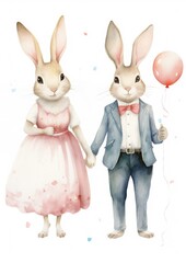 Obraz premium cute rabbit couple watercolor illustration,wedding postcard,isolated on white background