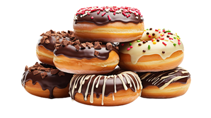 Piles of three glazed donuts. Isolated on Transparent background.