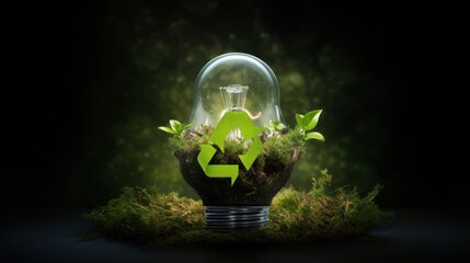  a light bulb with a plant inside of it and a recyclable arrow in the middle of the bulb.