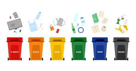 Garbage sorting. Environmental conservation. Set of bins and household waste for sorting - obrazy, fototapety, plakaty