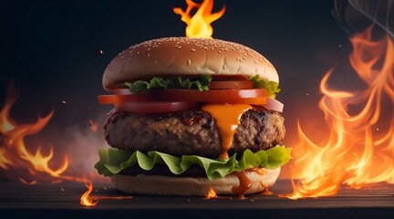 Delicious Burger with fire flames