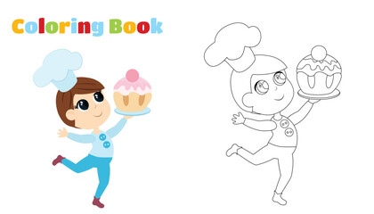 Colouring Book. A small child boy runs and carries a huge tasty muffin in his hands. Cute character in cartoon style.